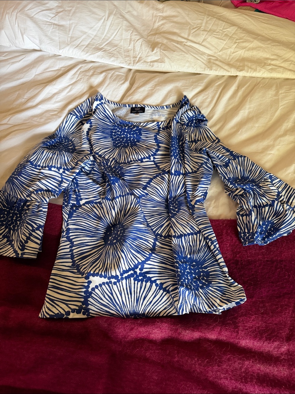 Blue Floral Bell-Sleeve Blouse - 3/4 Sleeve